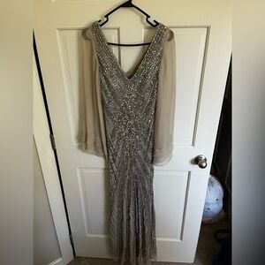 Adrianna Papell Silver Beaded Long Sleeve Evening Gown